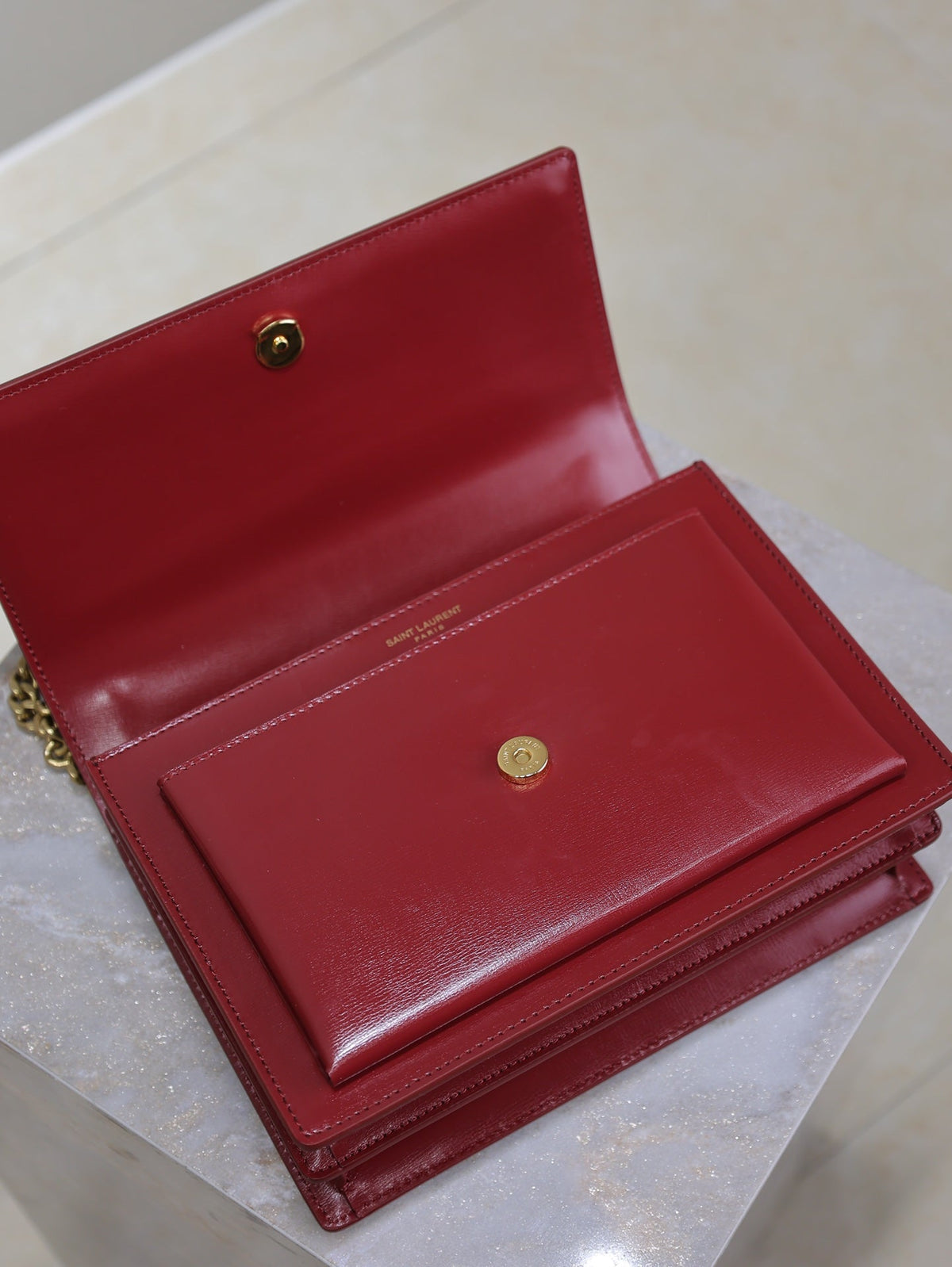 Saint Laurent 25S Sunset Bag 22 in Crimson Red Calfskin Gold Hardwre