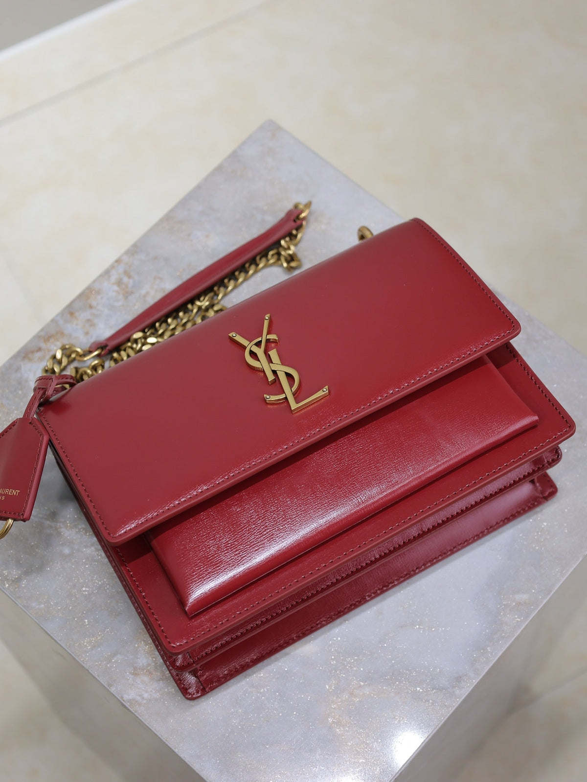 Saint Laurent 25S Sunset Bag 22 in Crimson Red Calfskin Gold Hardwre