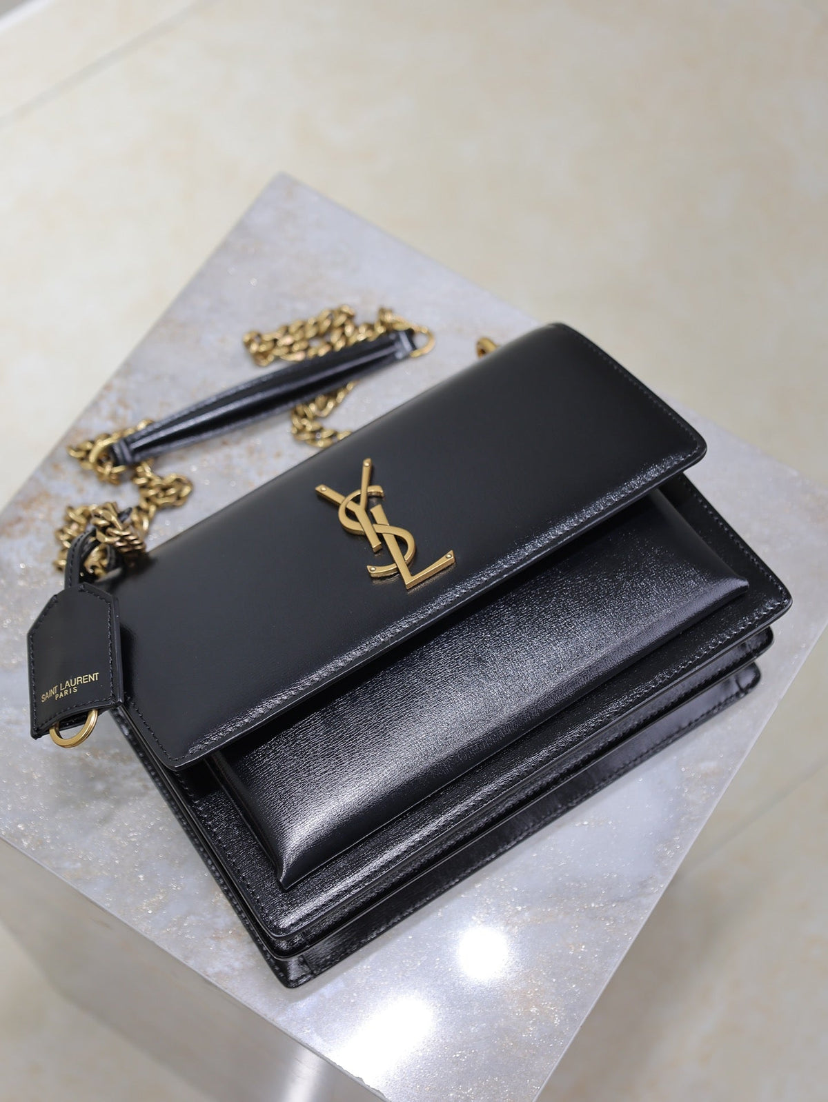 Saint Laurent 25S Sunset Bag 22 in Black Calfskin Gold Hardwre