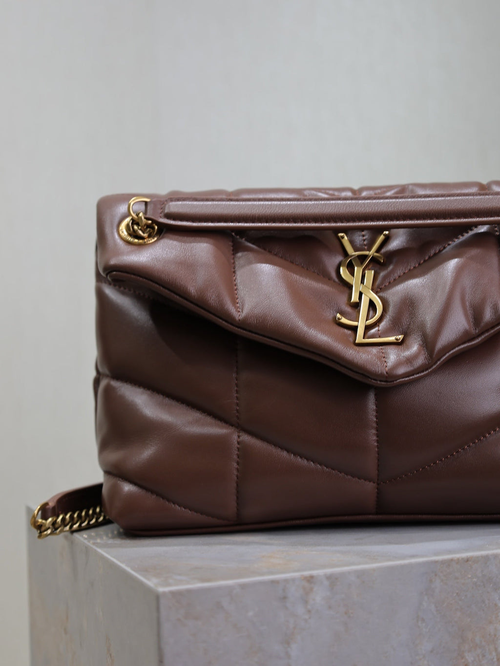 Saint Laurent 25S Loulou Puffer MM 29 in Dark Brown Calfskin Gold Hardware Bag