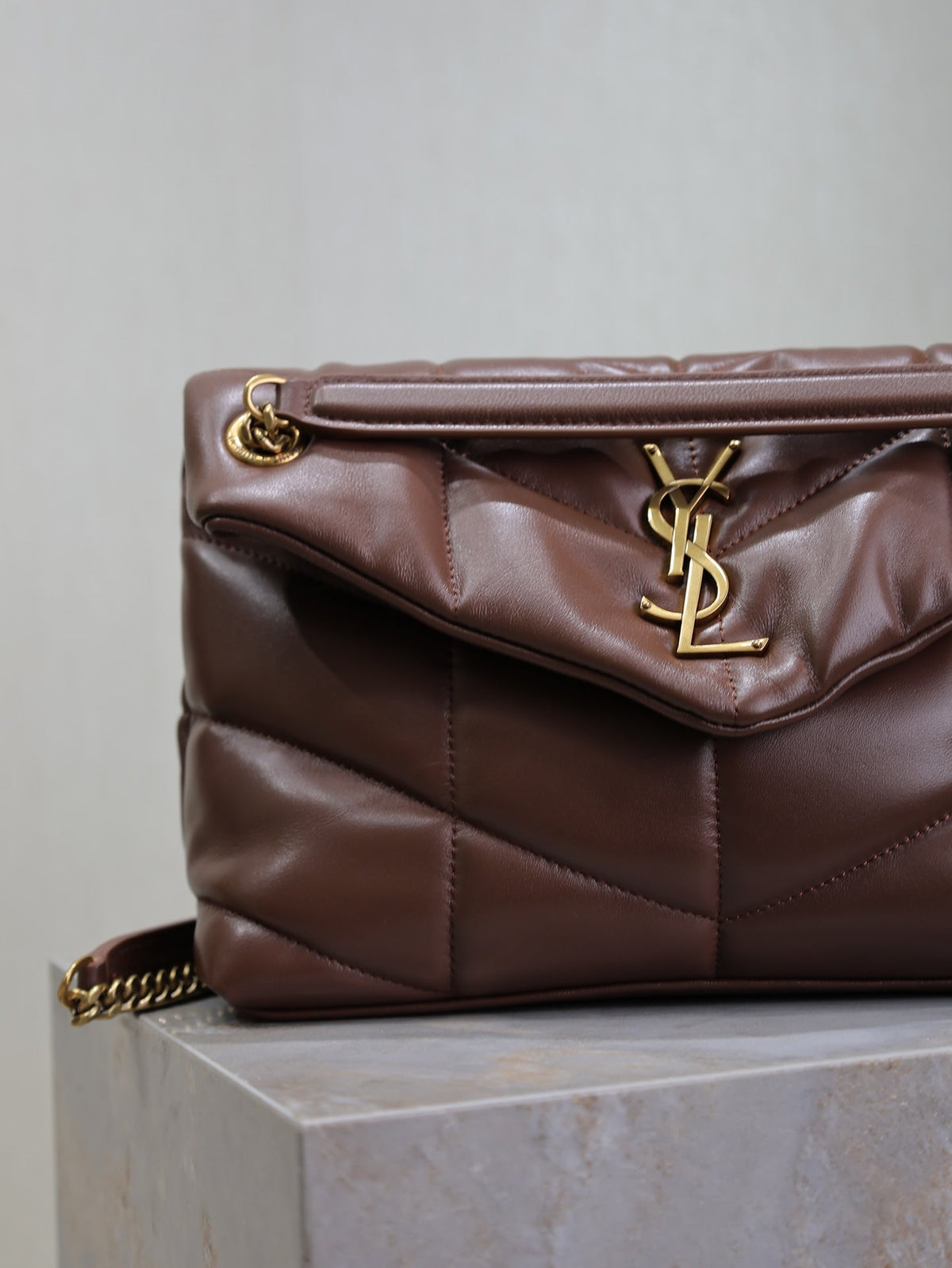 Saint Laurent 25S Loulou Puffer MM 29 in Dark Brown Calfskin Gold Hardware Bag