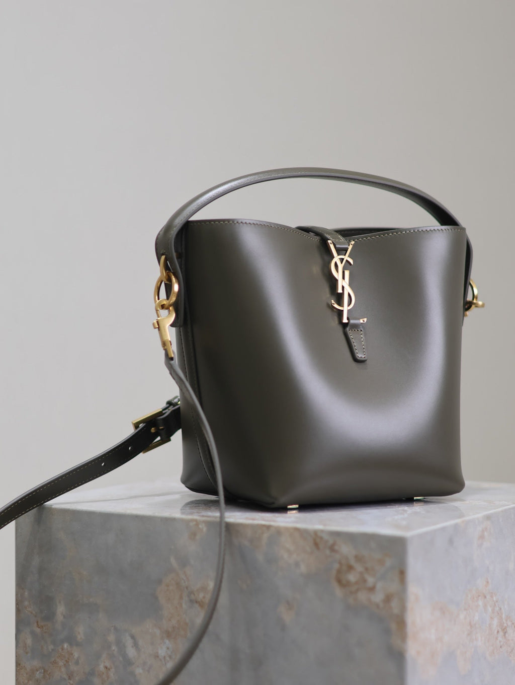 Saint Laurent Le 37 Small Bucket Bag 20 in Khaki Green Calfskin Gold Hardware