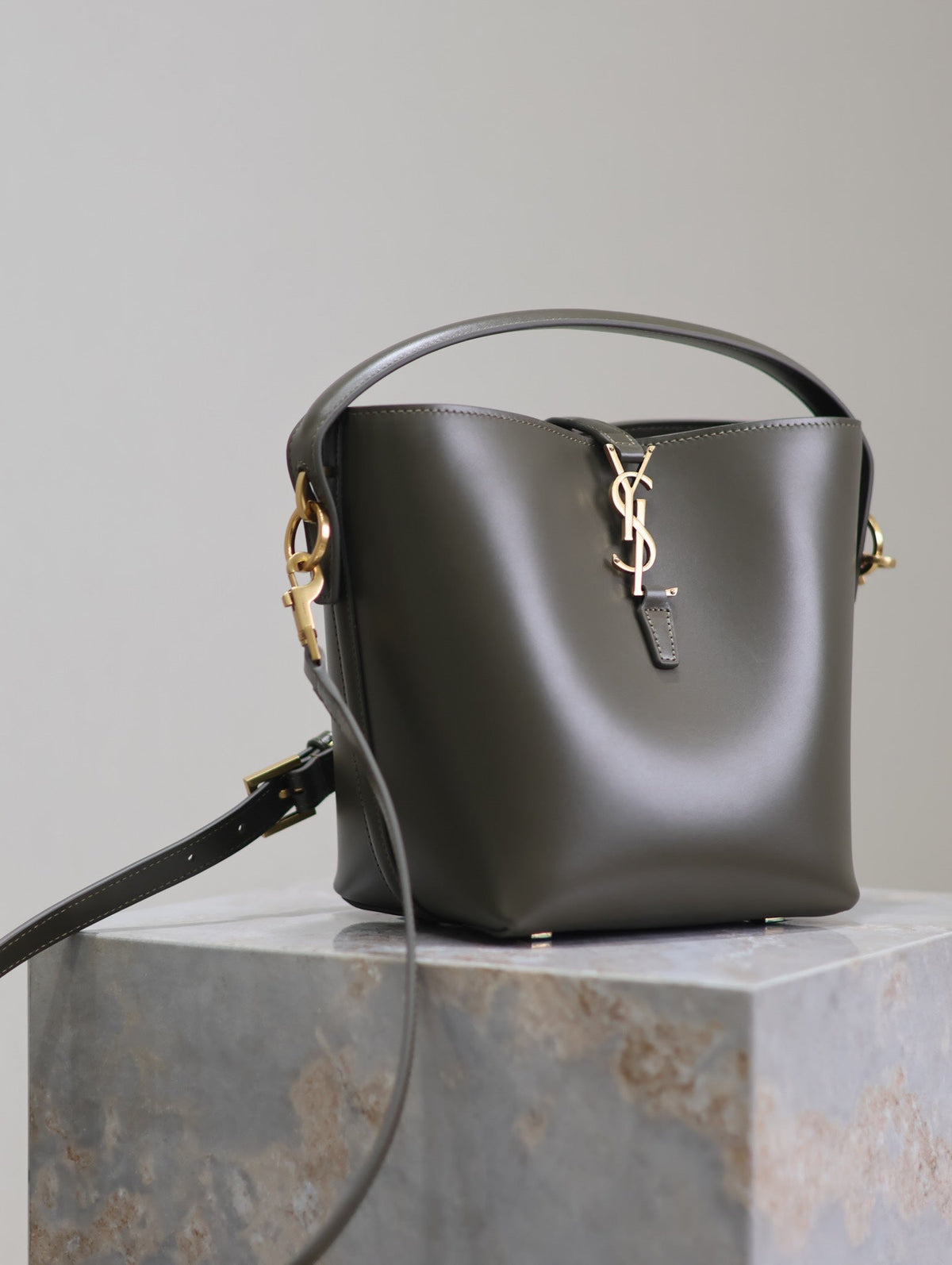 Saint Laurent Le 37 Small Bucket Bag 20 in Khaki Green Calfskin Gold Hardware