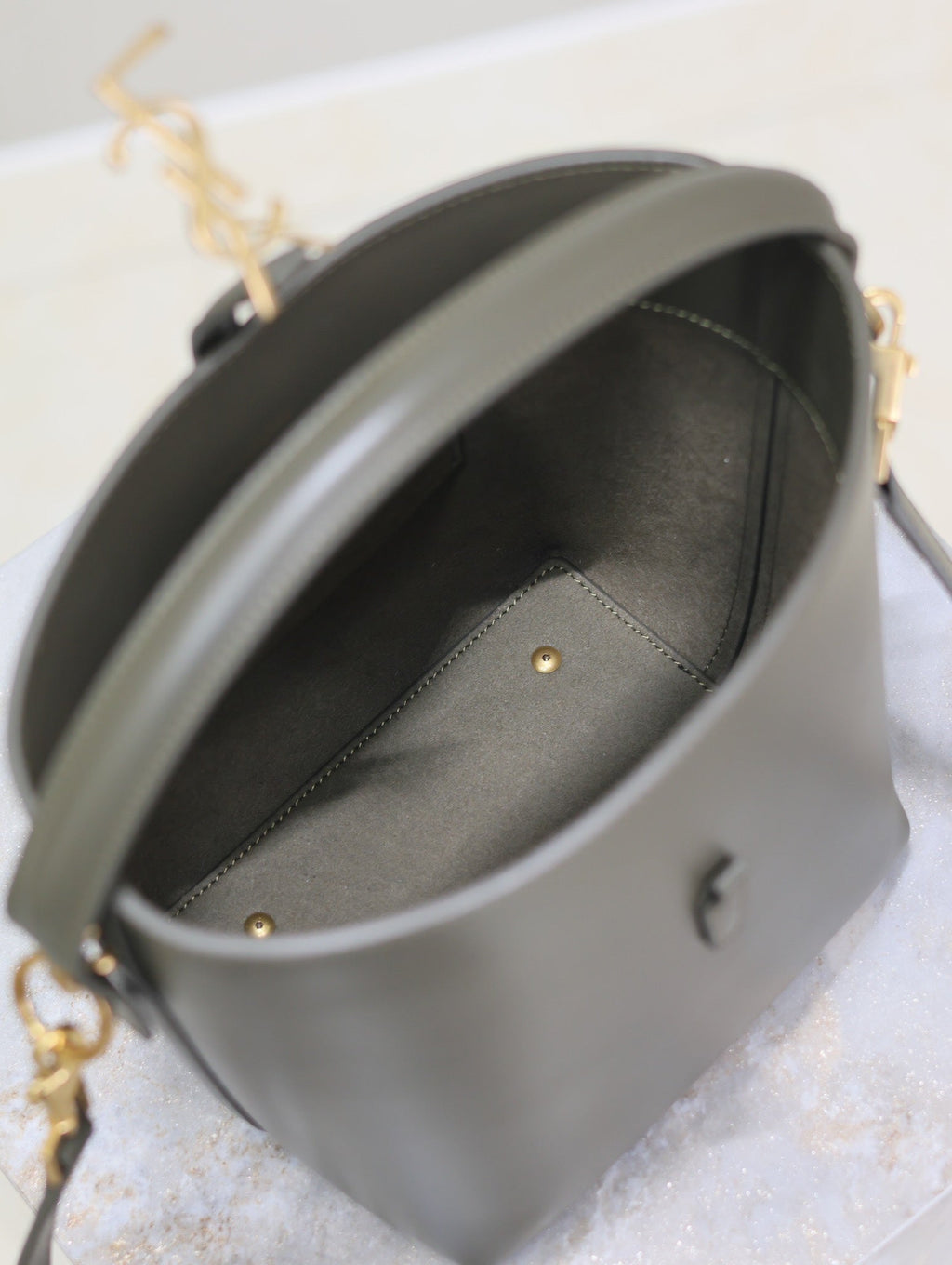 Saint Laurent Le 37 Small Bucket Bag 20 in Khaki Green Calfskin Gold Hardware