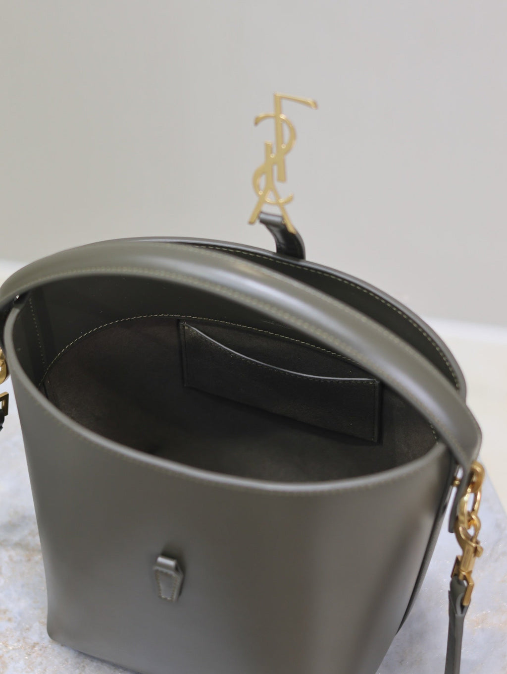 Saint Laurent Le 37 Small Bucket Bag 20 in Khaki Green Calfskin Gold Hardware
