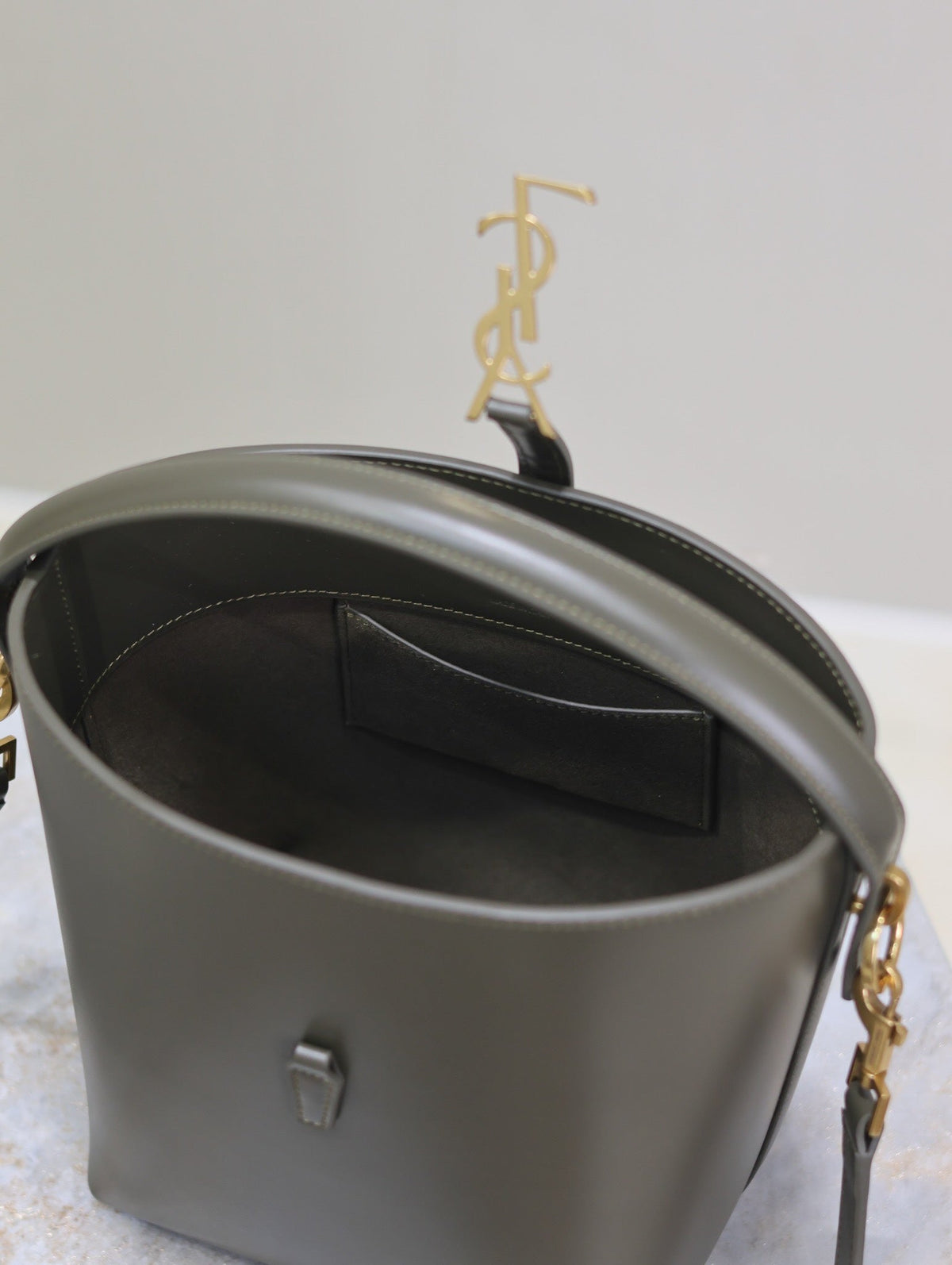 Saint Laurent Le 37 Small Bucket Bag 20 in Khaki Green Calfskin Gold Hardware