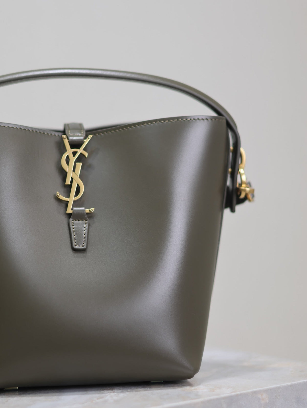 Saint Laurent Le 37 Small Bucket Bag 20 in Khaki Green Calfskin Gold Hardware