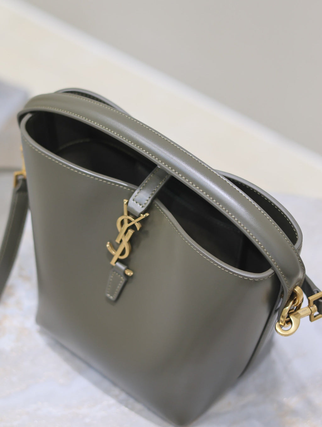 Saint Laurent Le 37 Small Bucket Bag 20 in Khaki Green Calfskin Gold Hardware