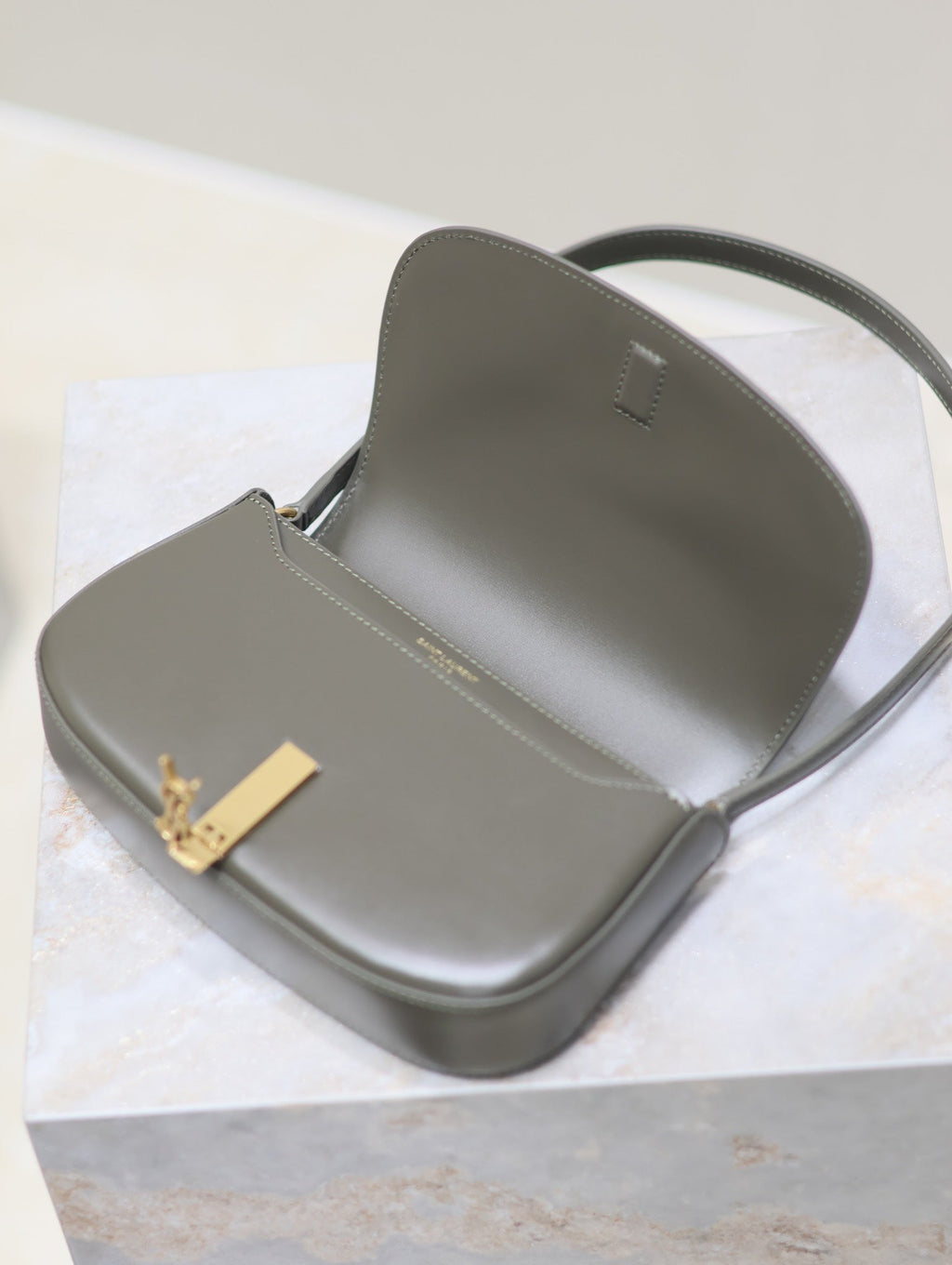 Saint Laurent Mini Voltaire in Box 17 in Kombu Green Calfskin Gold Logo Bag