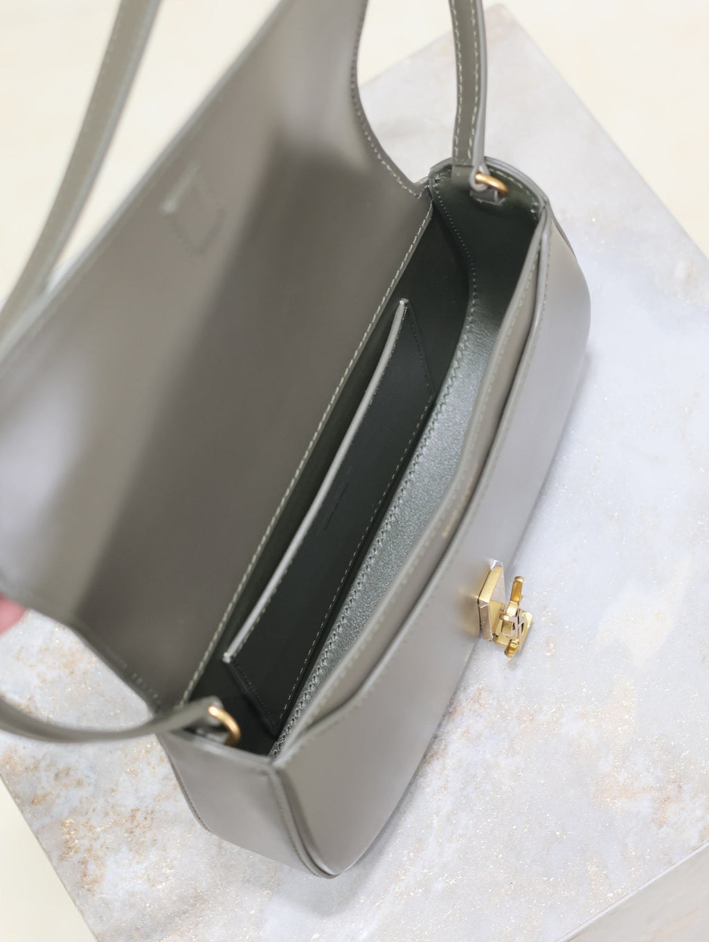 Saint Laurent Mini Voltaire in Box 17 in Kombu Green Calfskin Gold Logo Bag