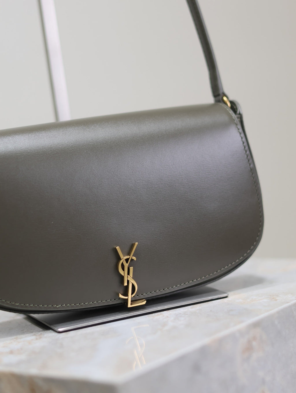 Saint Laurent Mini Voltaire in Box 17 in Kombu Green Calfskin Gold Logo Bag