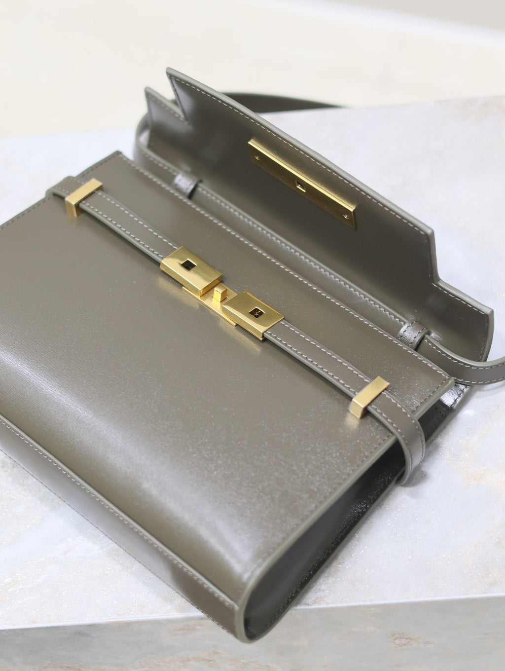 Saint Laurent Manhattan in Box Small 24 in Kombu Green Calfskin Gold Hardware Bag