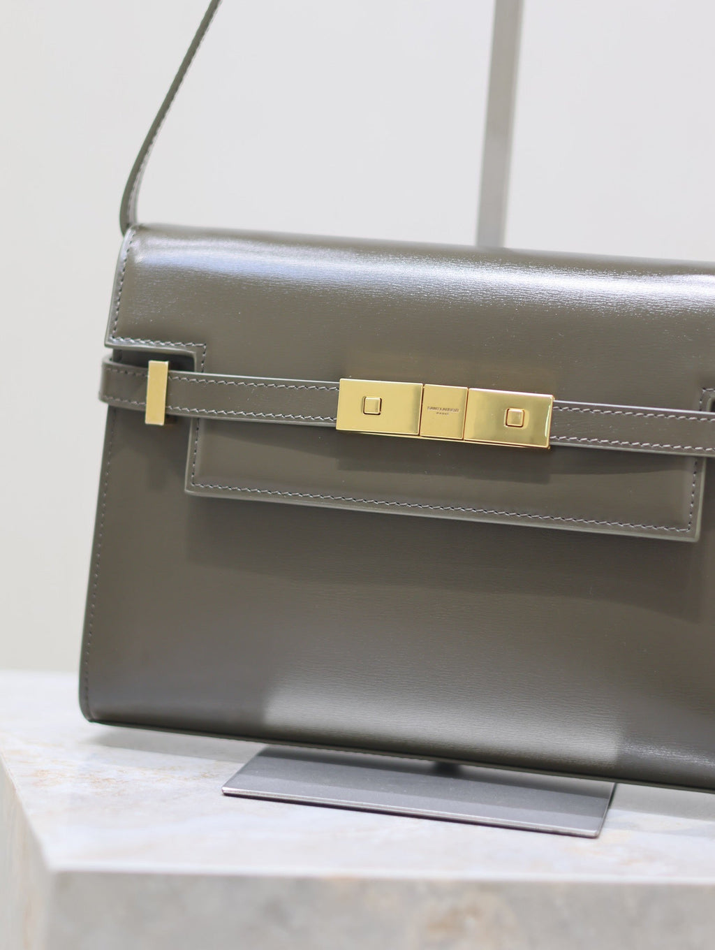 Saint Laurent Manhattan in Box Small 24 in Kombu Green Calfskin Gold Hardware Bag