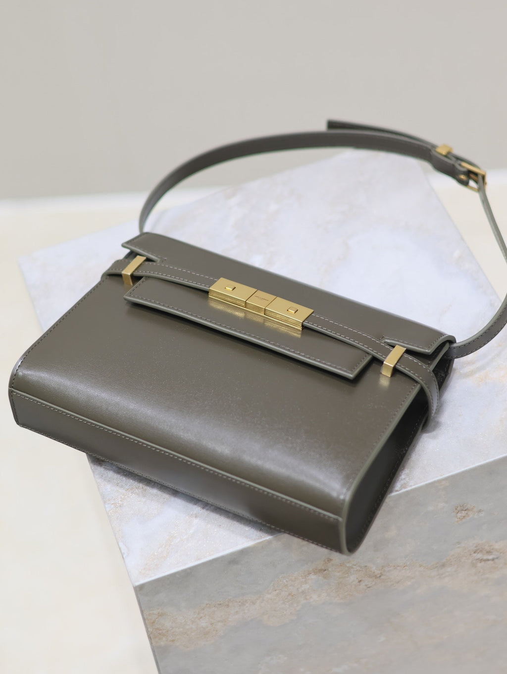 Saint Laurent Manhattan in Box Small 24 in Kombu Green Calfskin Gold Hardware Bag