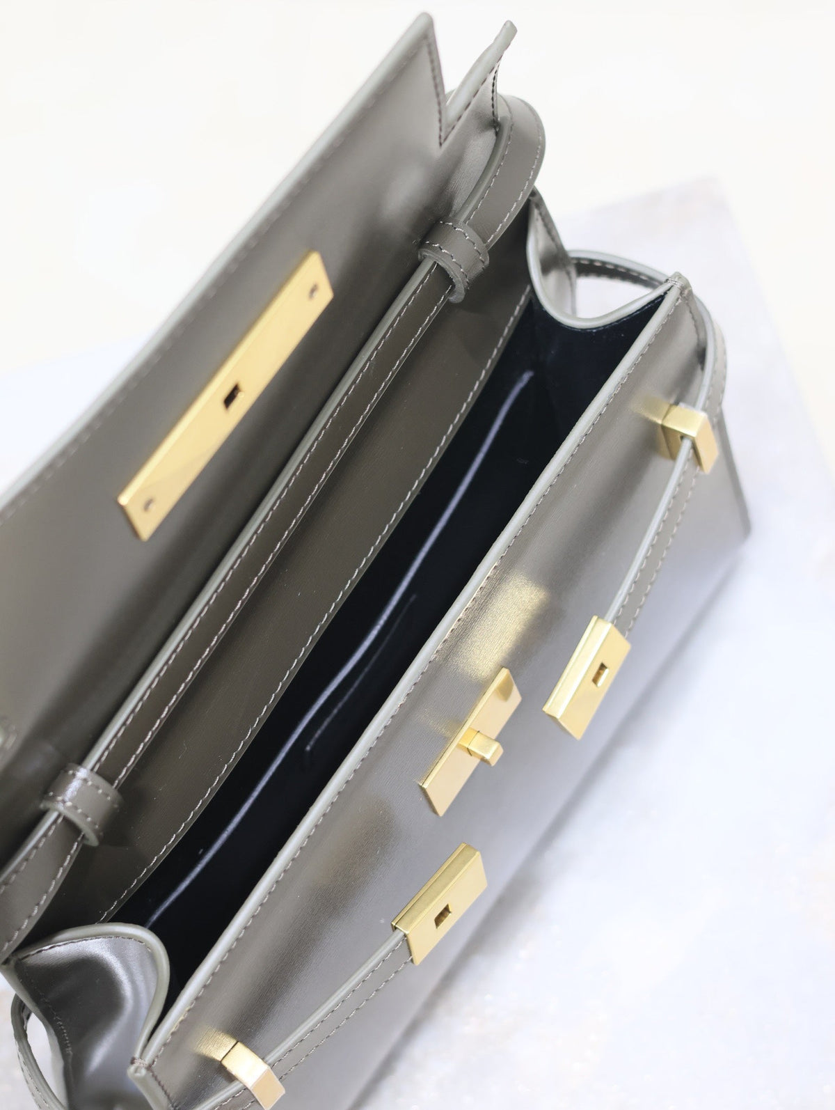Saint Laurent Manhattan in Box Small 24 in Kombu Green Calfskin Gold Hardware Bag