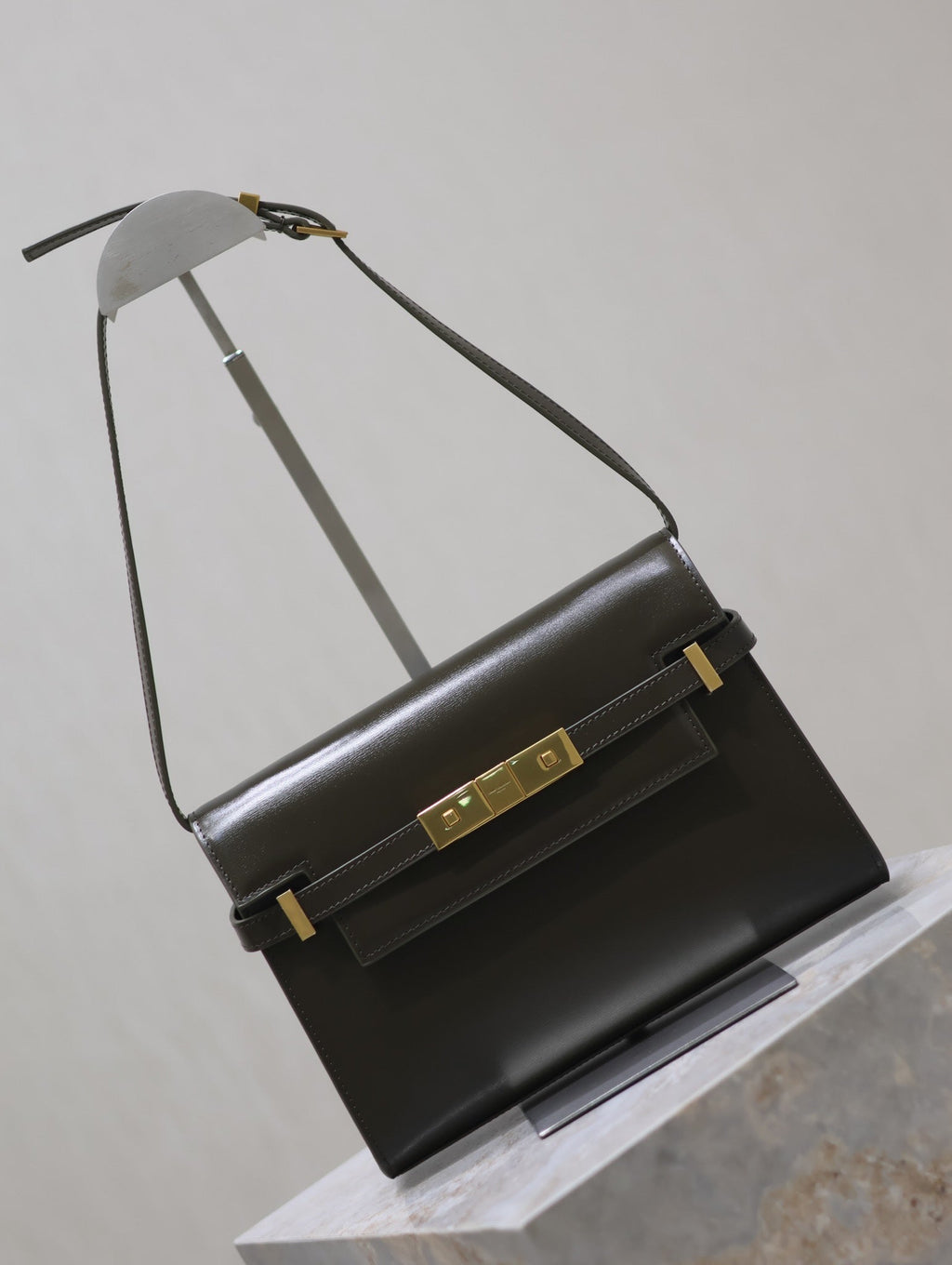 Saint Laurent Manhattan in Box Small 24 in Kombu Green Calfskin Gold Hardware Bag