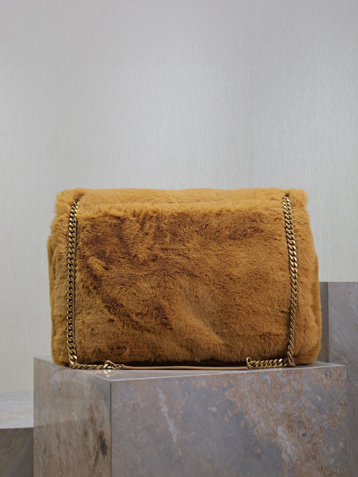 Saint Laurent Niki 47 in Cinnamon Brown Rabbit Fur Gold Hardware Bag
