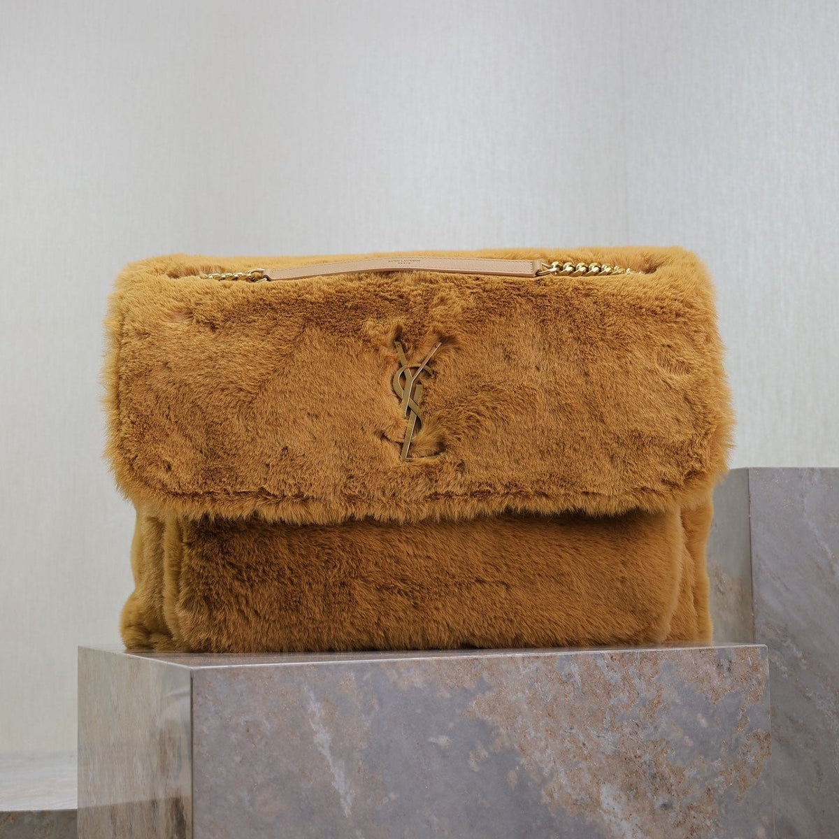 Saint Laurent Niki 47 in Cinnamon Brown Rabbit Fur Gold Hardware Bag