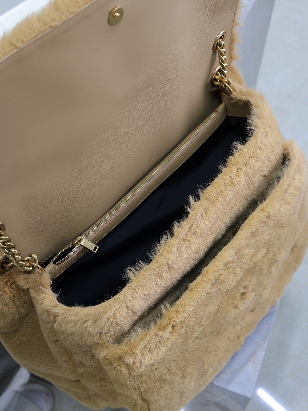 Saint Laurent Niki 47 in Cinnamon Brown Rabbit Fur Gold Hardware Bag