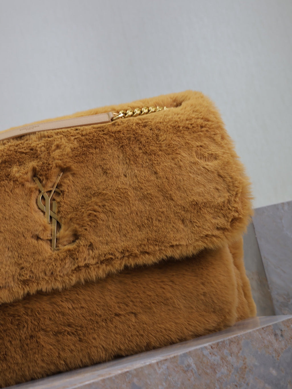 Saint Laurent Niki 47 in Cinnamon Brown Rabbit Fur Gold Hardware Bag