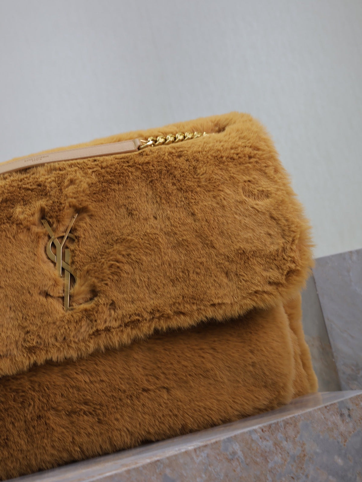 Saint Laurent Niki 47 in Cinnamon Brown Rabbit Fur Gold Hardware Bag