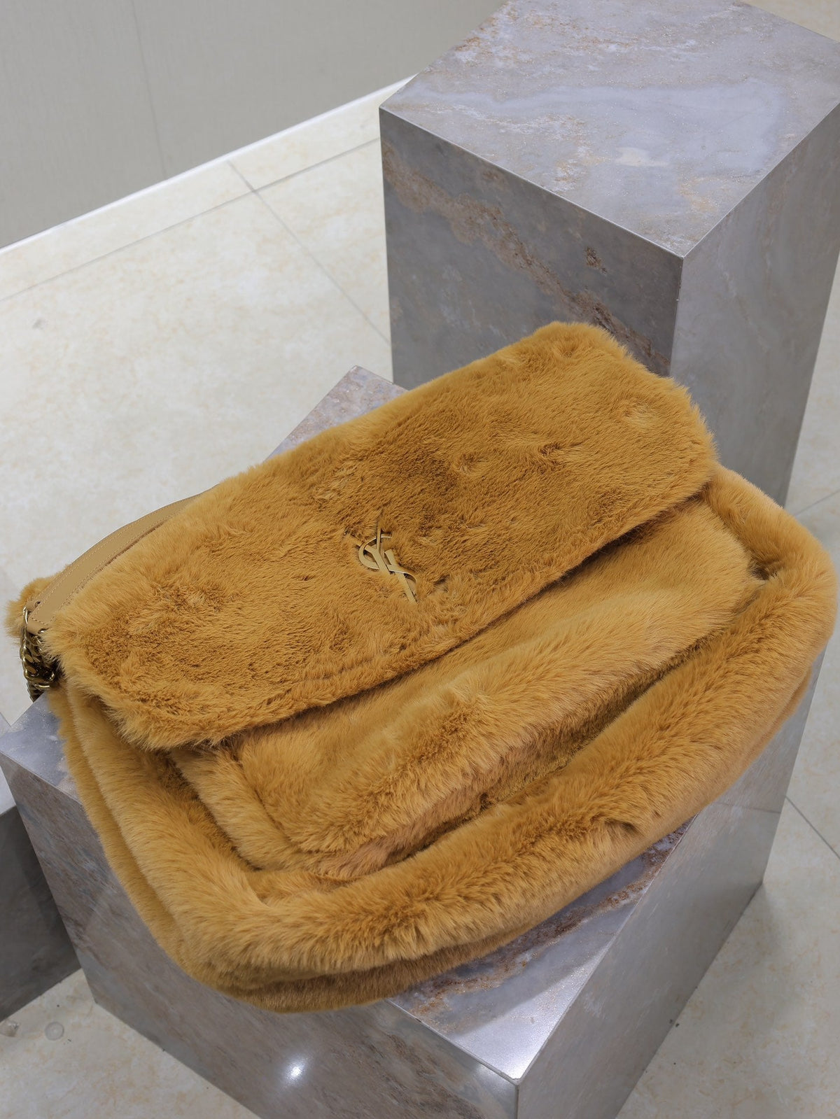Saint Laurent Niki 47 in Cinnamon Brown Rabbit Fur Gold Hardware Bag