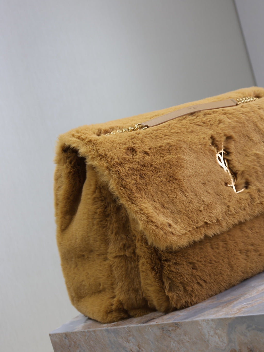 Saint Laurent Niki 47 in Cinnamon Brown Rabbit Fur Gold Hardware Bag