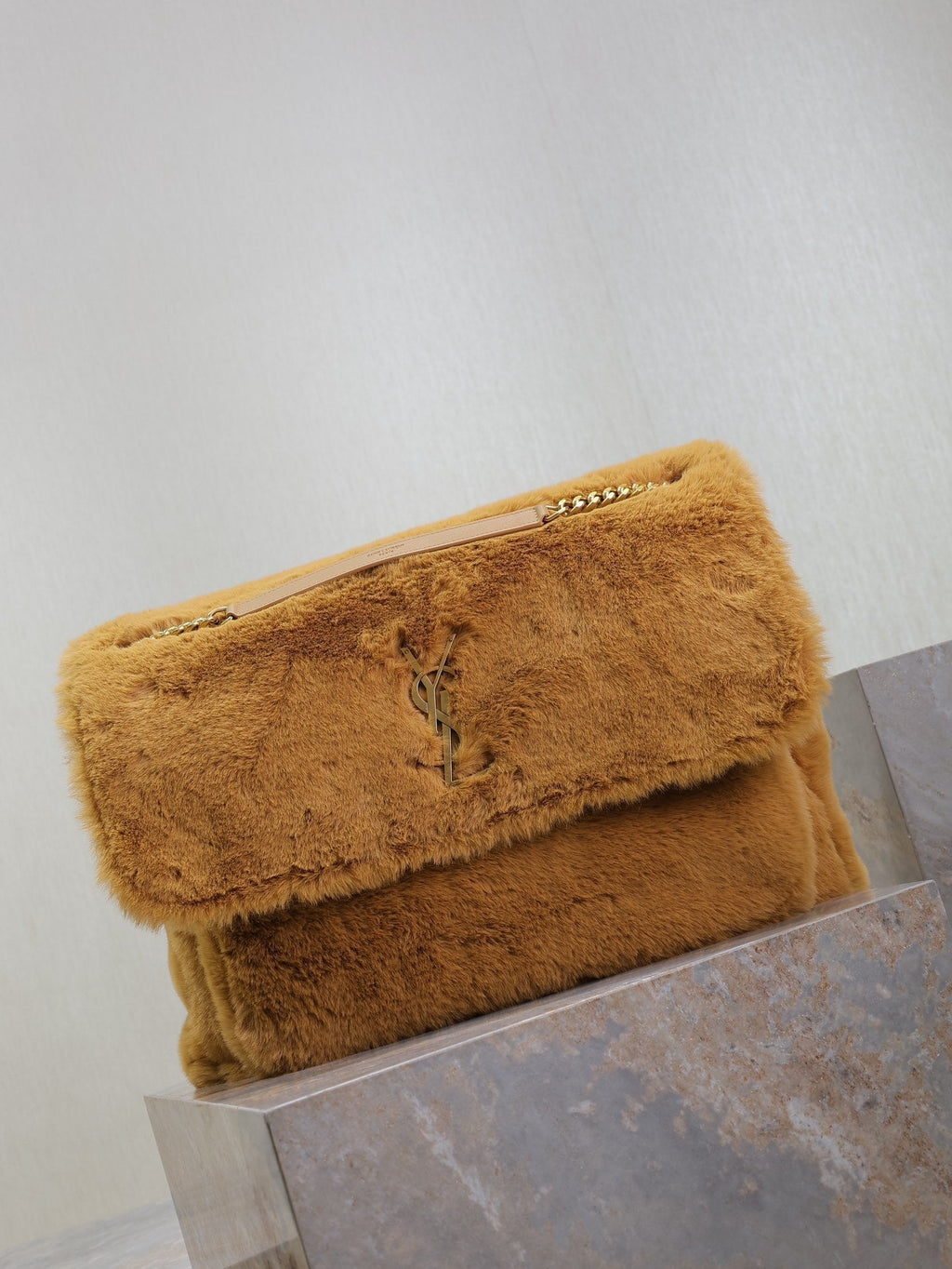 Saint Laurent Niki 47 in Cinnamon Brown Rabbit Fur Gold Hardware Bag