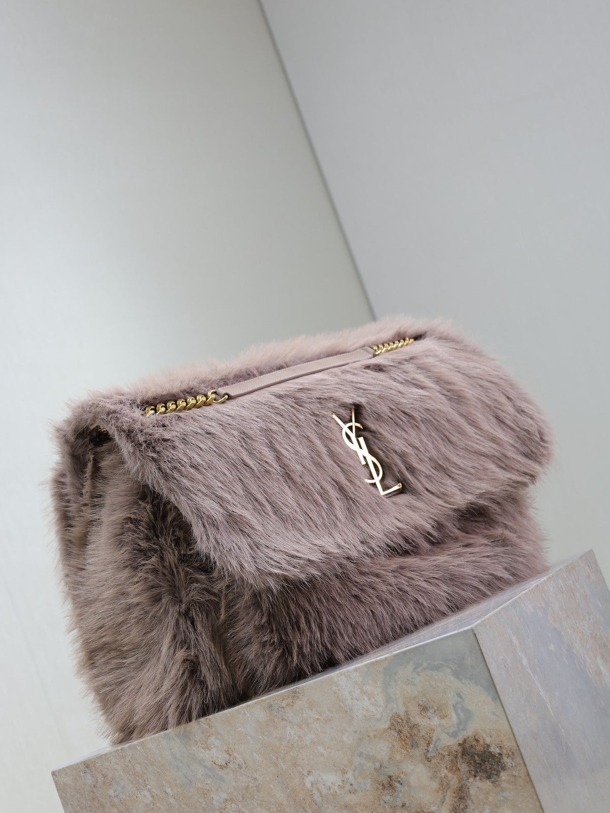 Saint Laurent Niki 47 in Light Purple Rabbit Fur Gold Hardware Bag