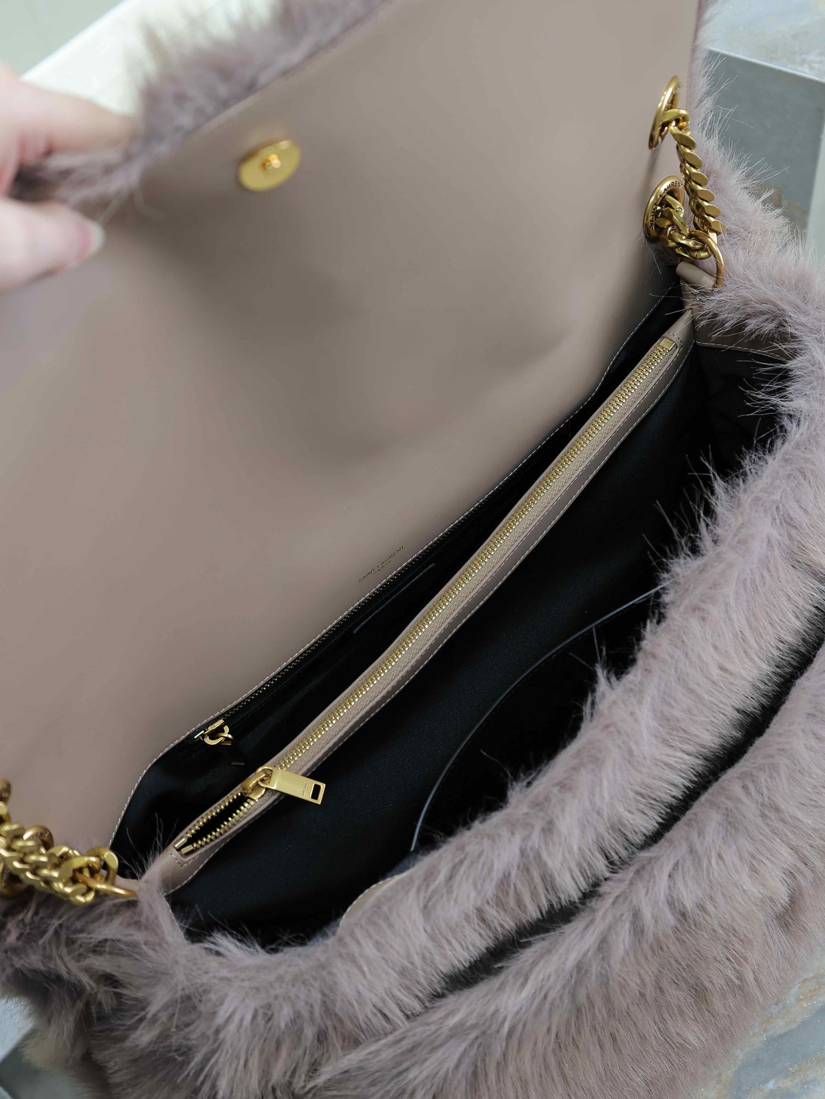 Saint Laurent Niki 47 in Light Purple Rabbit Fur Gold Hardware Bag
