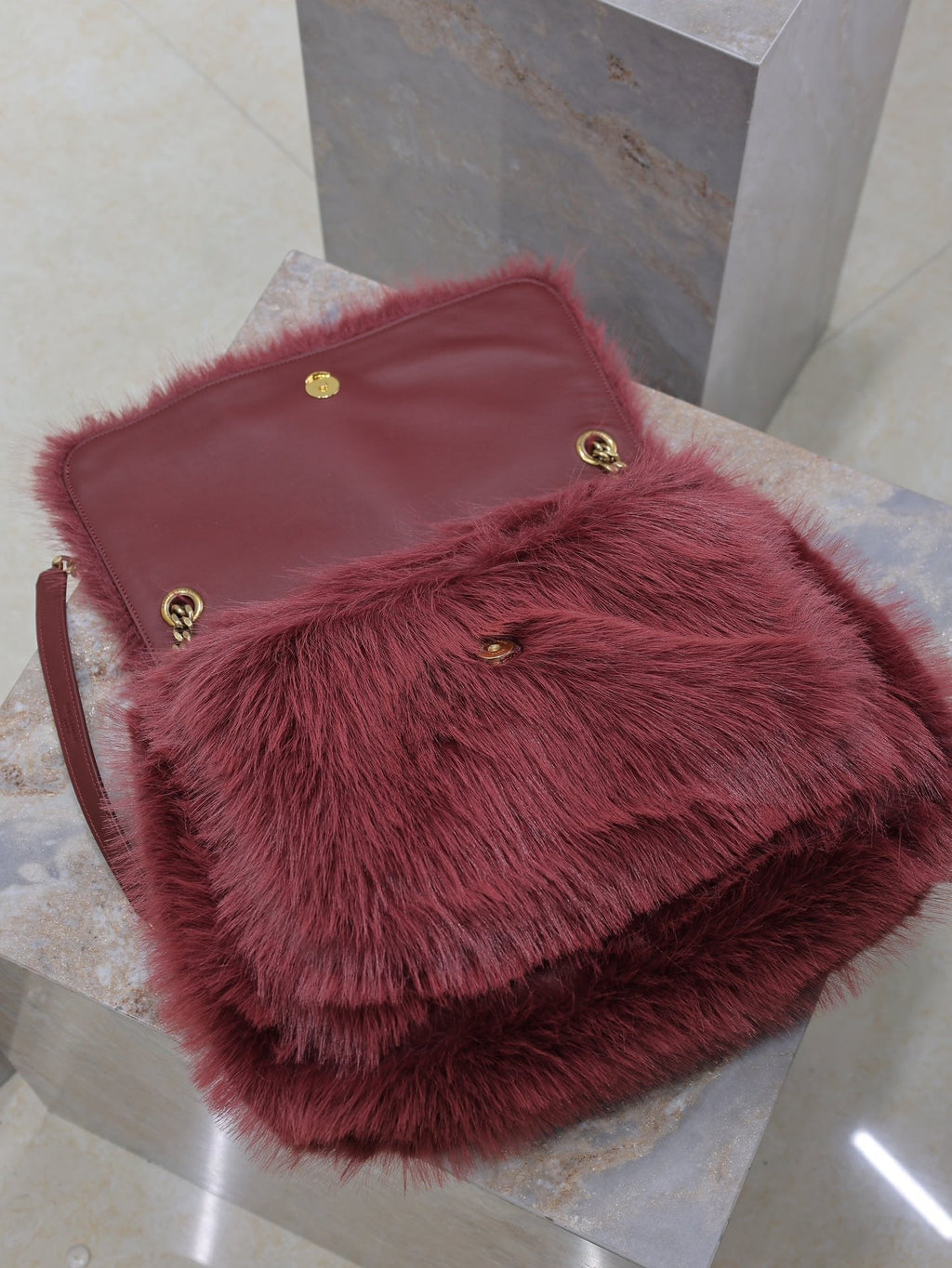 Saint Laurent Niki Large 32 in Currant Red Rabbit Fur Gold Hardware Bag