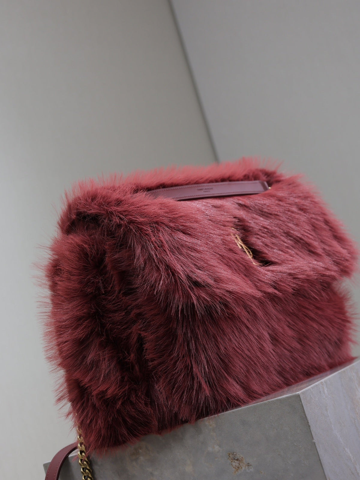 Saint Laurent Niki Large 32 in Currant Red Rabbit Fur Gold Hardware Bag