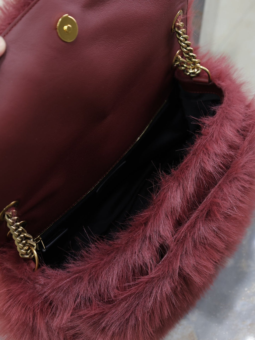 Saint Laurent Niki Large 32 in Currant Red Rabbit Fur Gold Hardware Bag