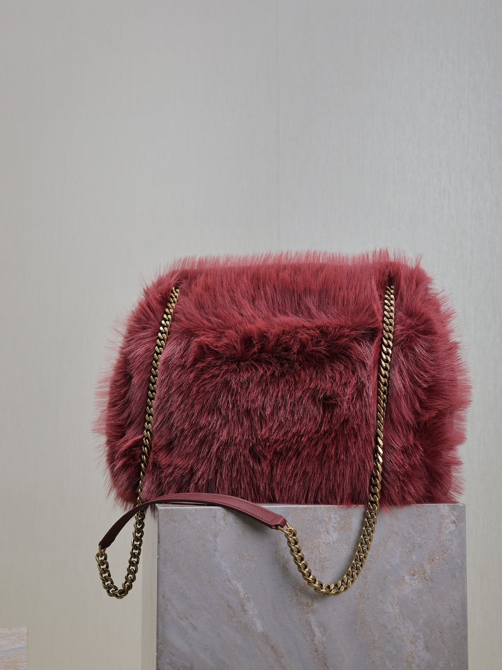 Saint Laurent Niki Large 32 in Currant Red Rabbit Fur Gold Hardware Bag