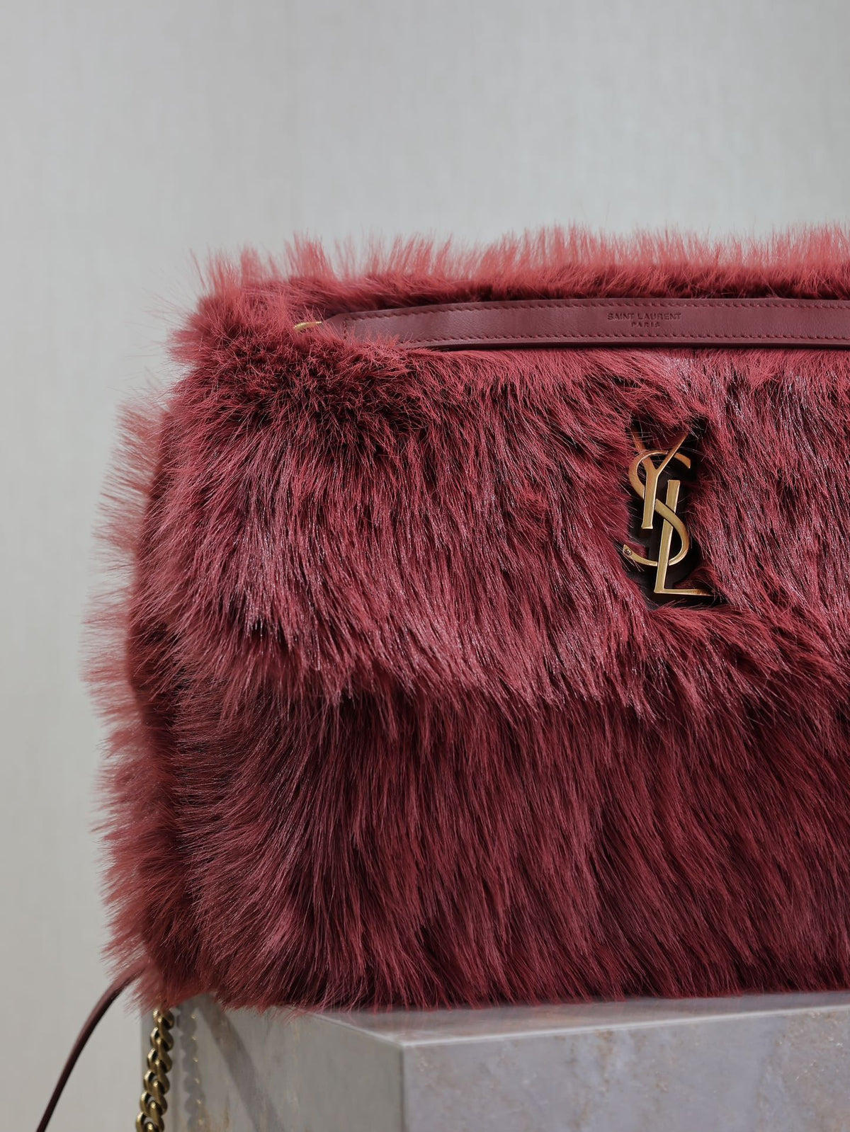 Saint Laurent Niki Large 32 in Currant Red Rabbit Fur Gold Hardware Bag