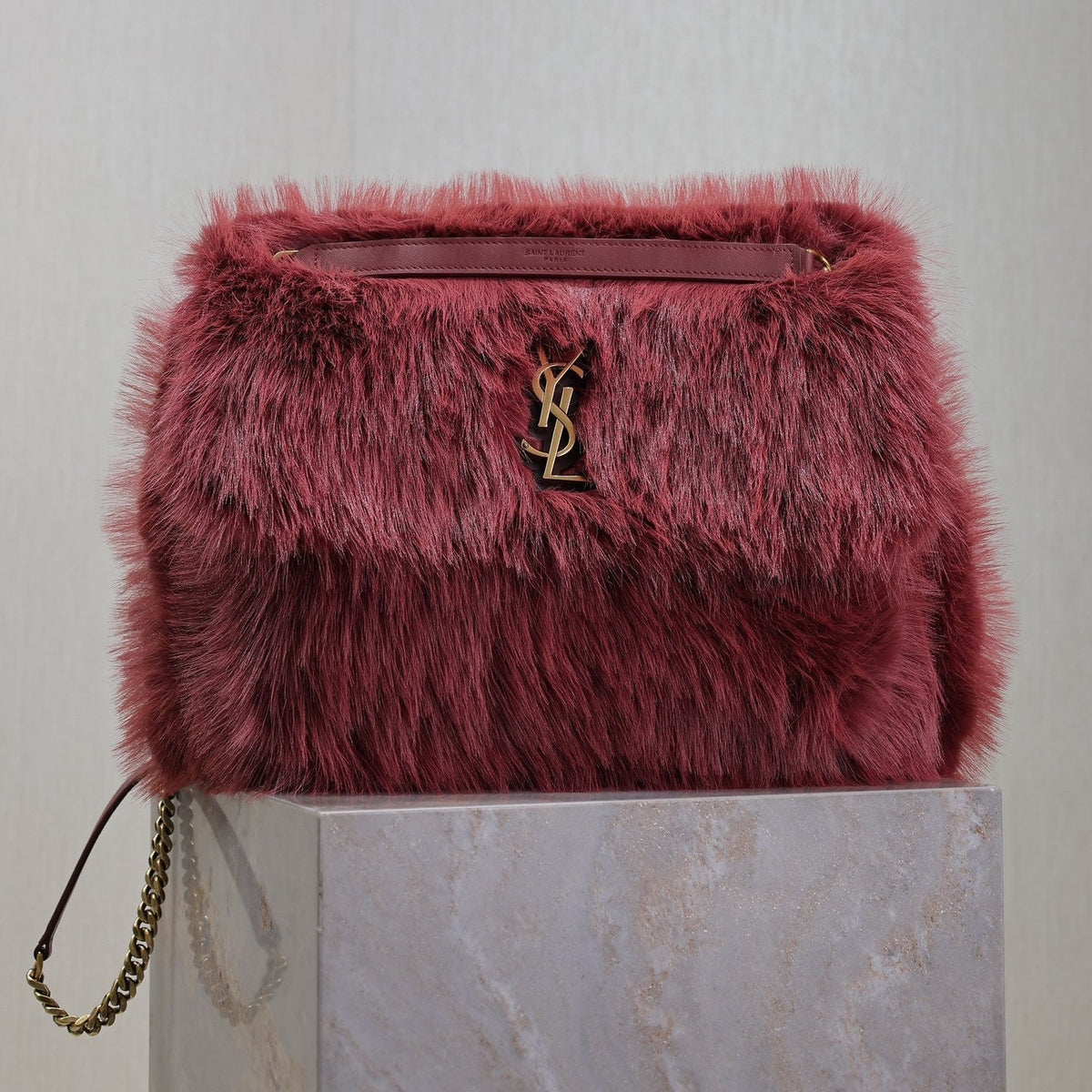 Saint Laurent Niki Large 32 in Currant Red Rabbit Fur Gold Hardware Bag