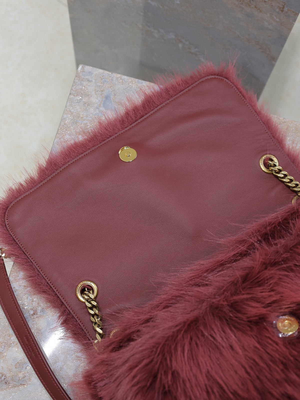 Saint Laurent Niki Large 32 in Currant Red Rabbit Fur Gold Hardware Bag