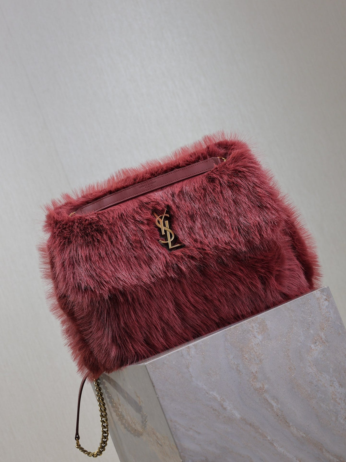 Saint Laurent Niki Large 32 in Currant Red Rabbit Fur Gold Hardware Bag