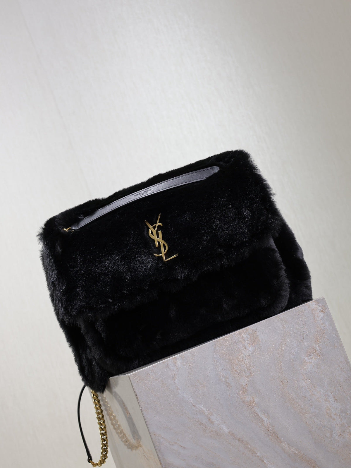 Saint Laurent Niki Large 32 in Black Rabbit Fur Gold Hardware Bag