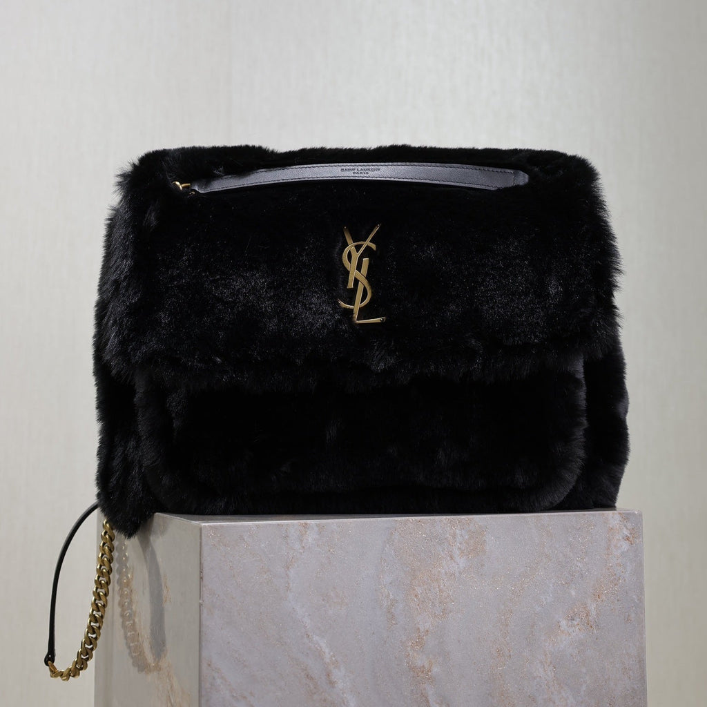 Saint Laurent Niki Large 32 in Black Rabbit Fur Gold Hardware Bag