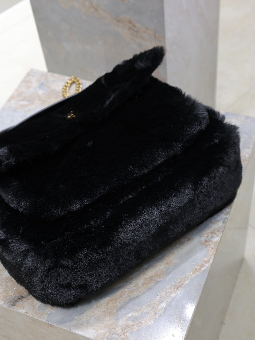 Saint Laurent Niki Large 32 in Black Rabbit Fur Gold Hardware Bag