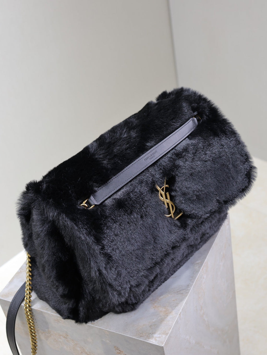 Saint Laurent Niki Large 32 in Black Rabbit Fur Gold Hardware Bag