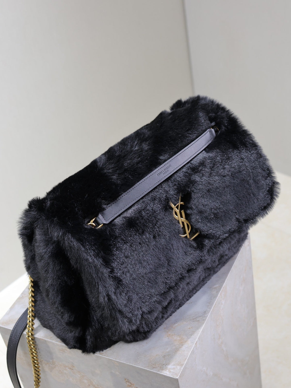 Saint Laurent Niki Large 32 in Black Rabbit Fur Gold Hardware Bag