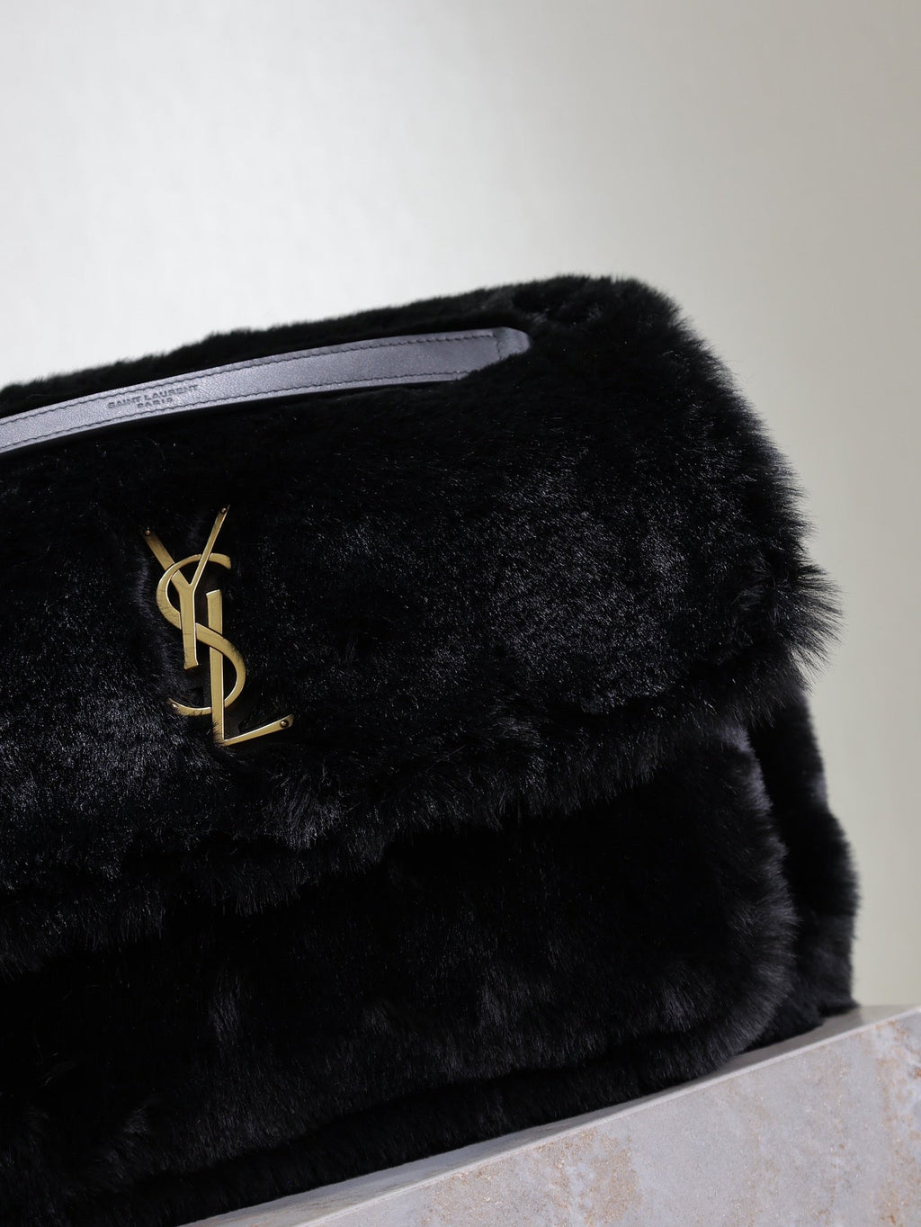 Saint Laurent Niki Large 32 in Black Rabbit Fur Gold Hardware Bag