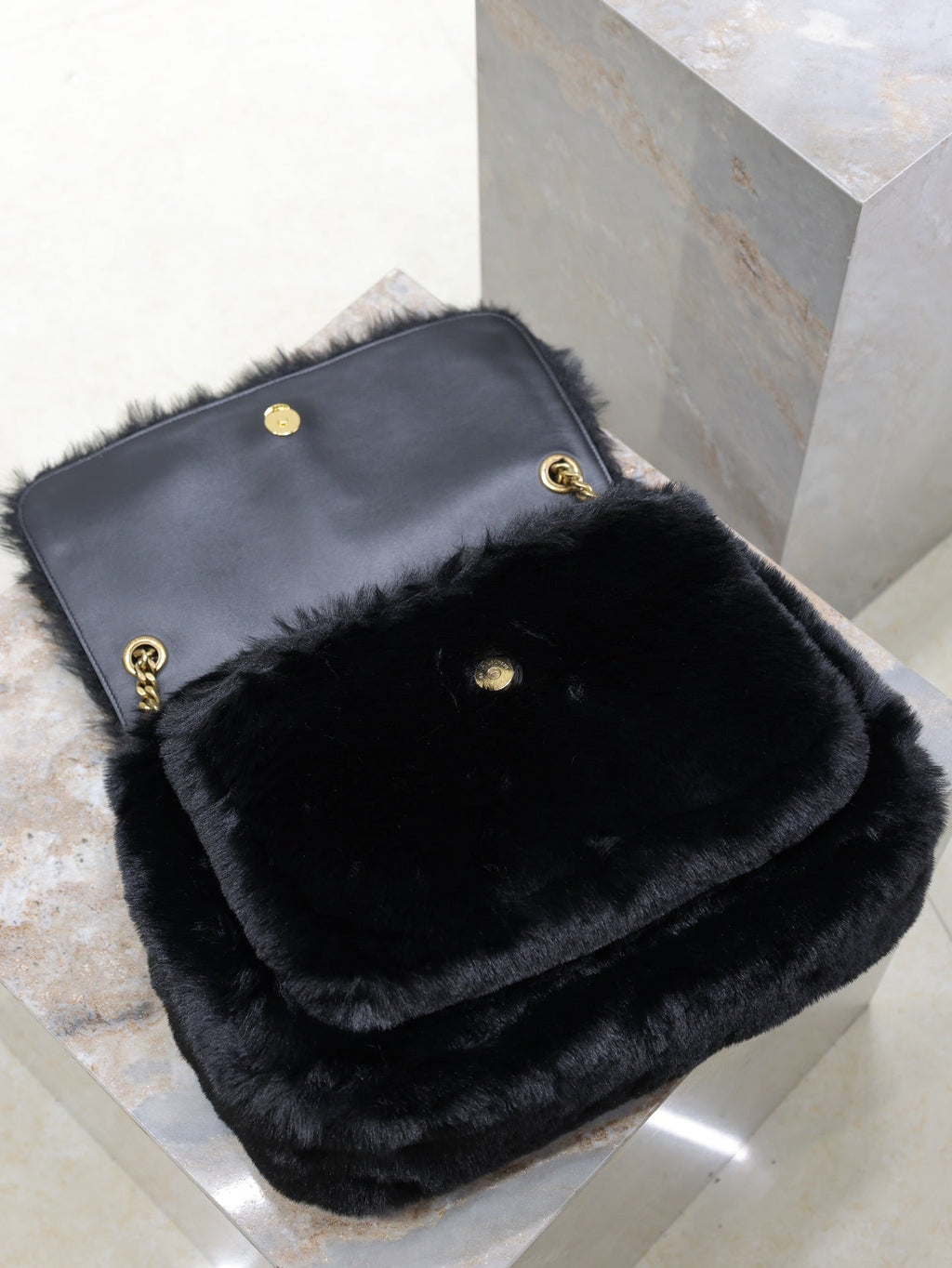 Saint Laurent Niki Large 32 in Black Rabbit Fur Gold Hardware Bag