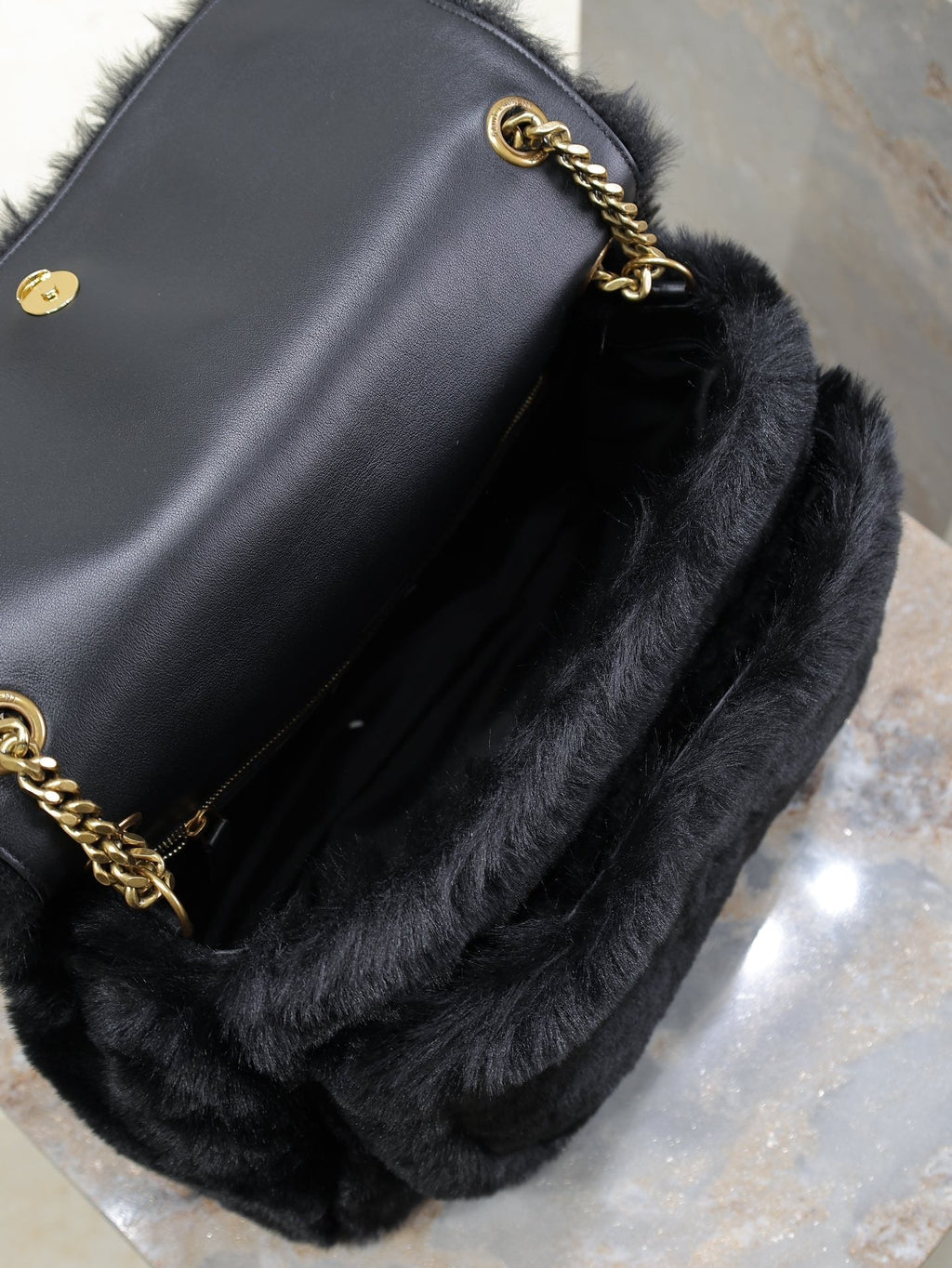 Saint Laurent Niki Large 32 in Black Rabbit Fur Gold Hardware Bag
