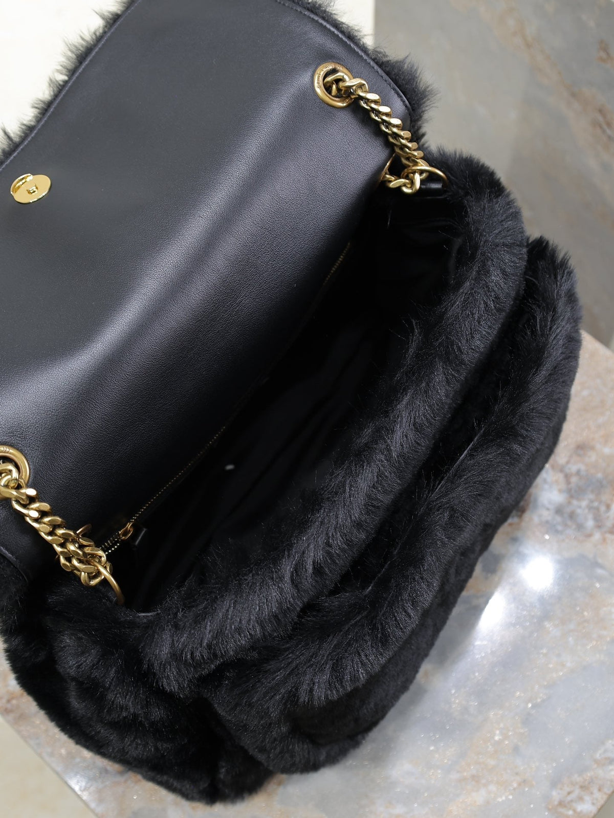 Saint Laurent Niki Large 32 in Black Rabbit Fur Gold Hardware Bag