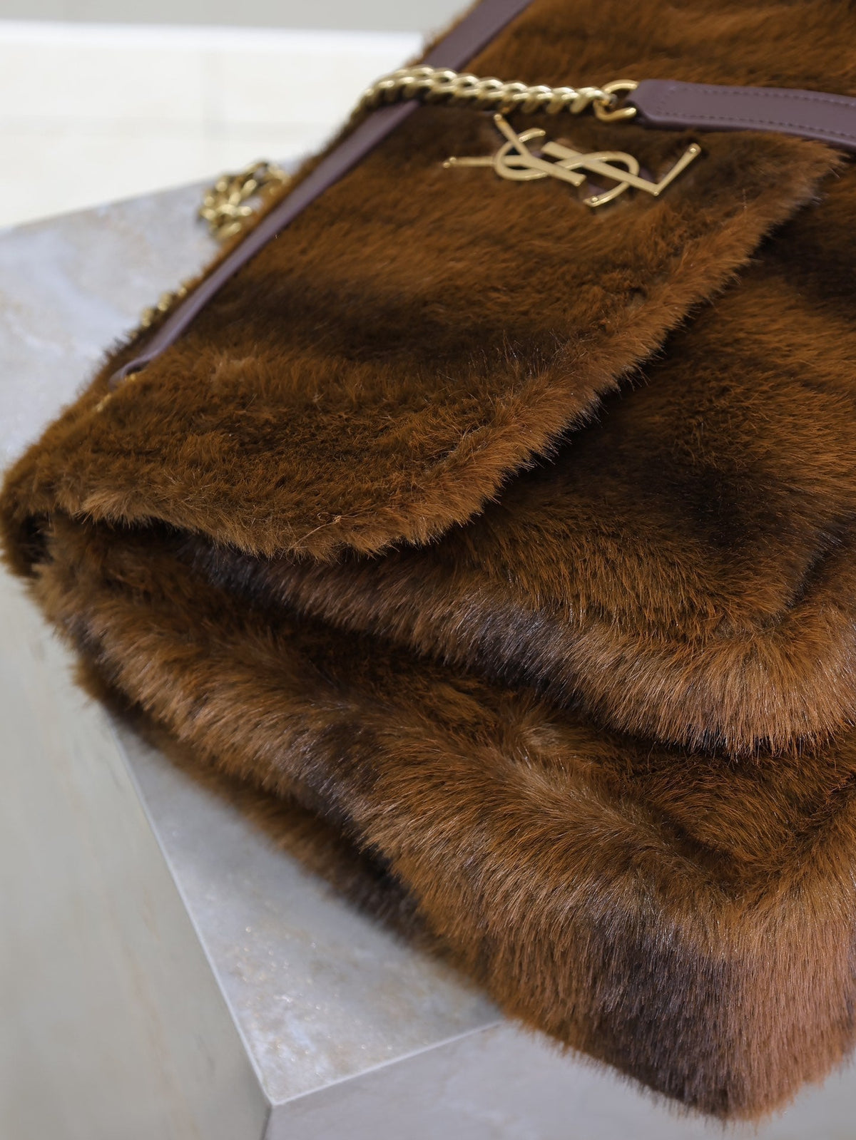 Saint Laurent Niki Large 32 in Coffe Brown Mink Fur Gold Hardware Bag
