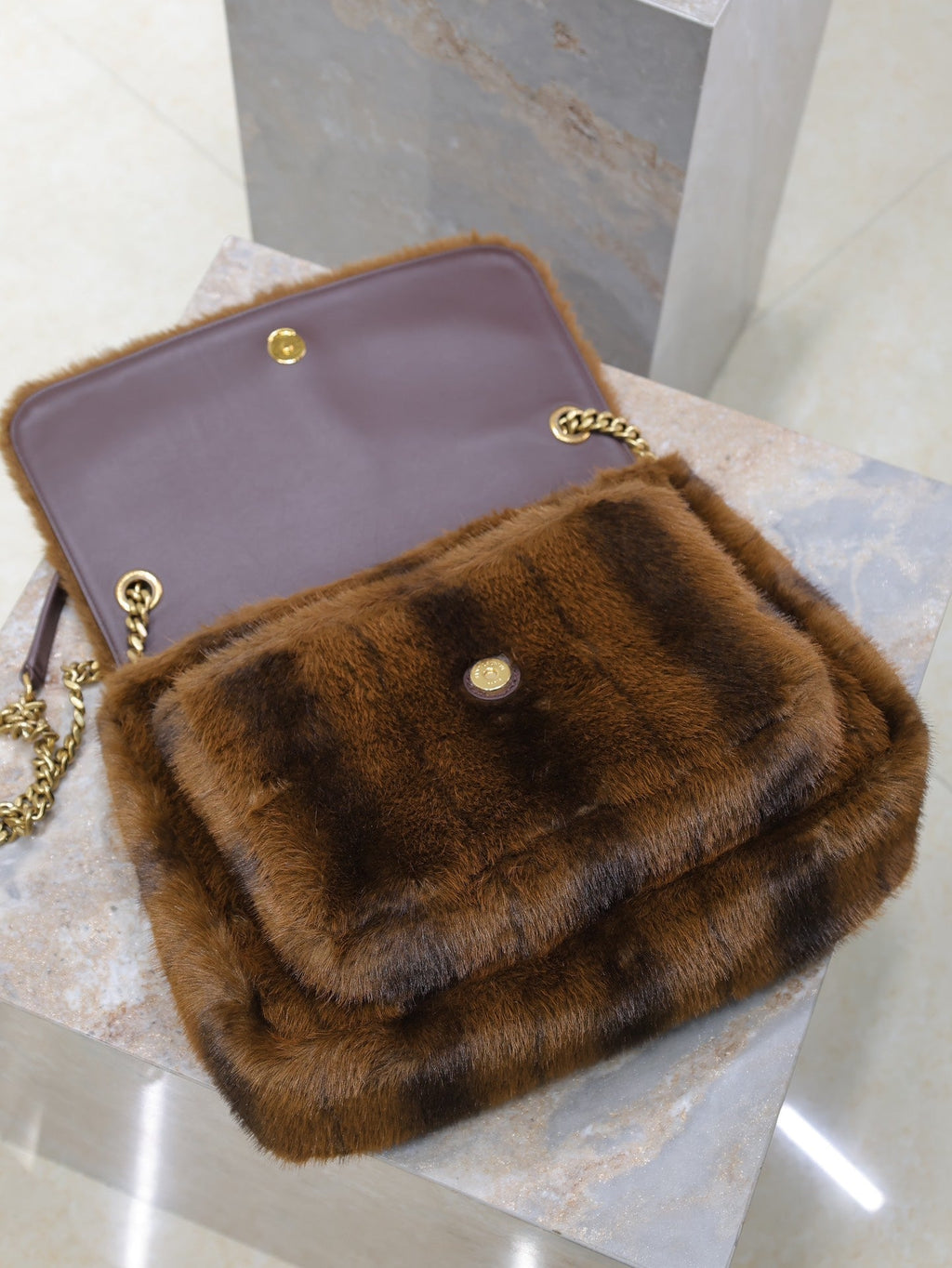 Saint Laurent Niki Large 32 in Coffe Brown Mink Fur Gold Hardware Bag