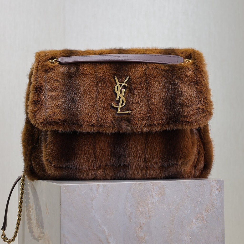 Saint Laurent Niki Large 32 in Coffe Brown Mink Fur Gold Hardware Bag